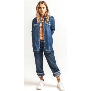 Free People Denim Shacket Over-Size Pockets Collar Pearl Snap Blue Size X-Small